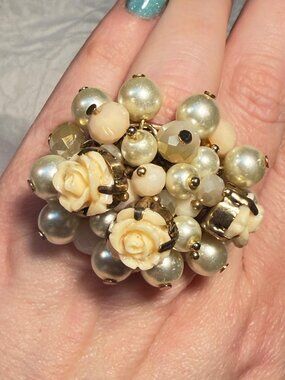 Cha Cha Stretch Vintage Ring Faux Pearl Carved Rose Floral Cluster Gold Tone